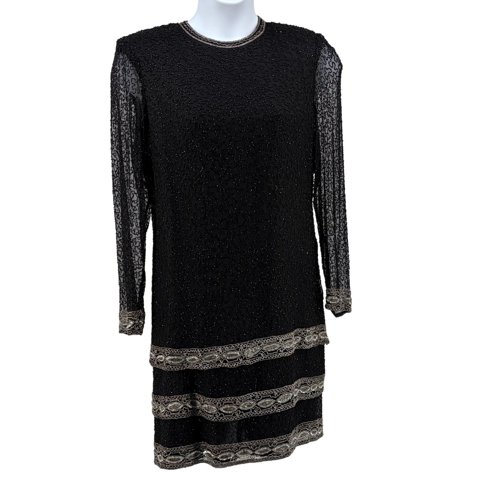 Beaded Party Dress Womens XL Shift Black Silver Gatsby Flapper Vintage Art Deco